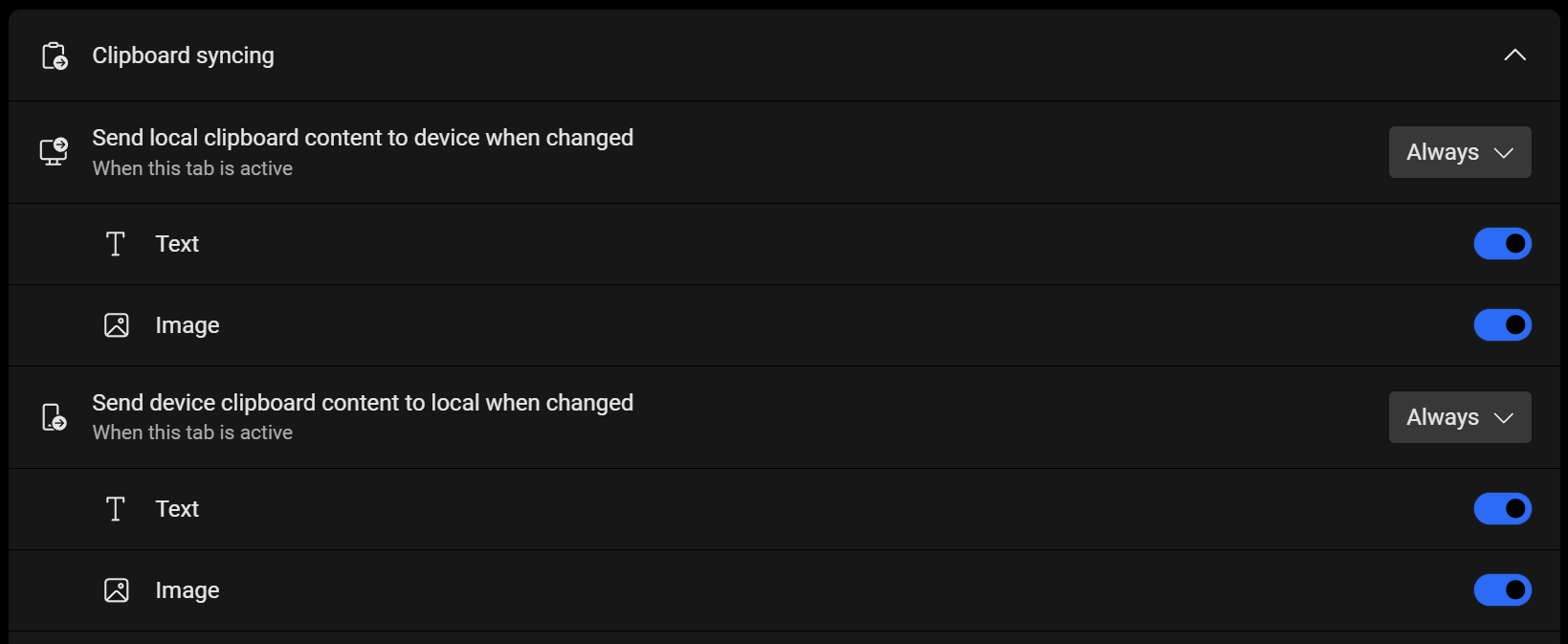 Clipboard sync settings