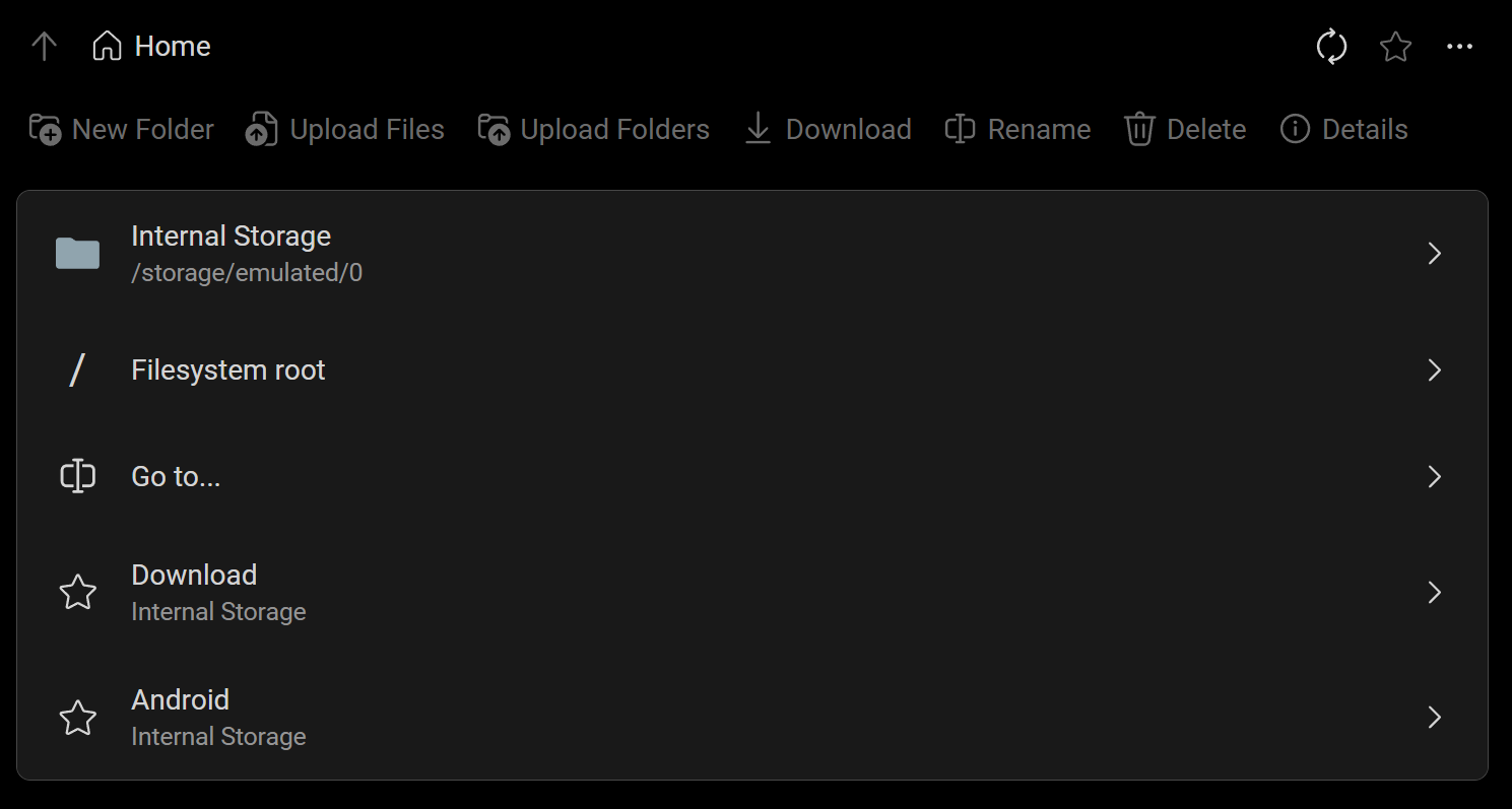 File browser home page showing volumes, filesystem root, and your favorites