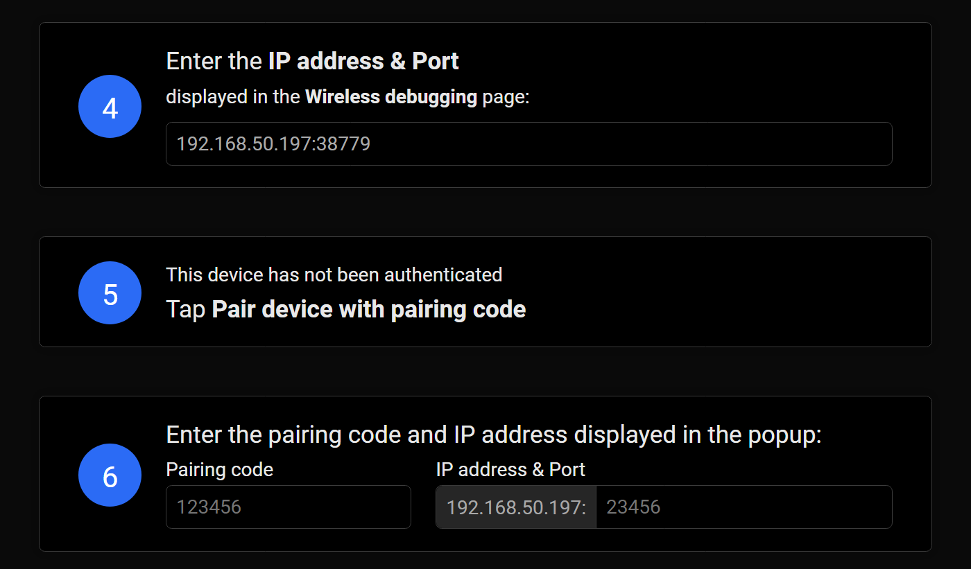 Enter IP address, port and pairing code manually