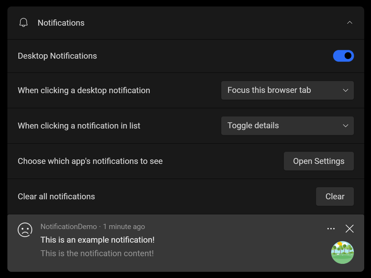 Notifications section on overview page showing settings and notifications